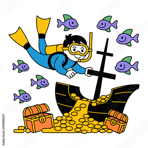 Scuba Diver Exploring Sunken Treasure Ship with Fish