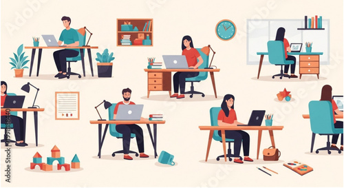 Modern workforce diligently engaged in productive remote work from diverse home office setups, showcasing the trend of flexible employment and digital collaboration solutions