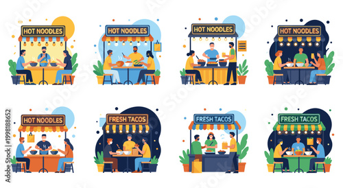 Illustrations of outdoor food kiosks serving hot noodles and fresh tacos to customers. Night and day scenes of people enjoying local street food at small tables with vendors serving meals.