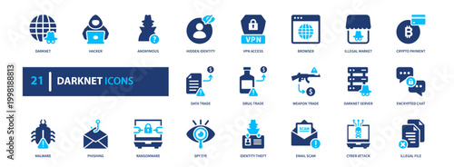 Darknet icon set. anonymous, privacy, security, network, cyber. solid style icon collection.