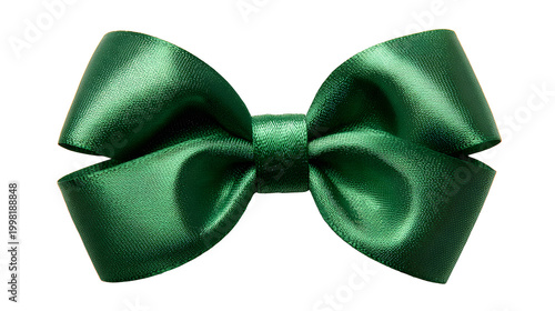 decorative cutout of emerald green ribbon bow, festive gift wrap element with satin sheen and crisp folds, sharp focus, clean edges high definition, isolated on white background