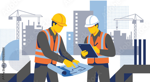 Two construction engineers wearing hard hats and safety vests, analyzing blueprint together. Standing on urban building site with cranes and skyscrapers in background.