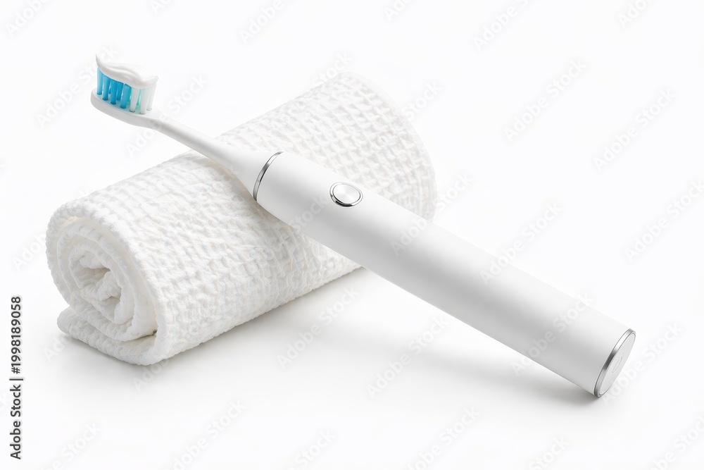 Obraz premium electric toothbrush with a ribbon of white toothpaste on the brush head resting diagonally across a neatly rolled white waffle towel oral care advertising concept horizontal composition