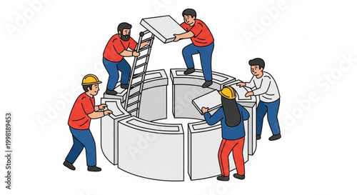 Illustrative representation of a diverse team collaborating to construct a foundational circular structure, symbolizing unity, collective effort, and successful project completion