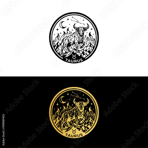 Taurus zodiac sign emblem with bull in flames and astrological symbols
