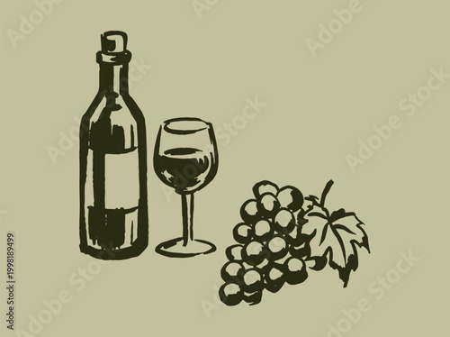 Wine bottle glass and grapes ink sketch vector illustration