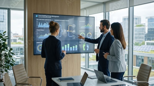Business team analyzing smart building energy management data on large screen, corporate sustainability and carbon footprint reduction strategy