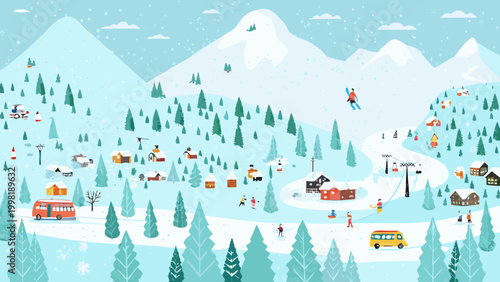 Winter ski resort illustration detailed vector landscape with snow