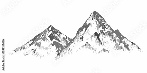 Mountain range sketch detailed pen and ink illustration on white background