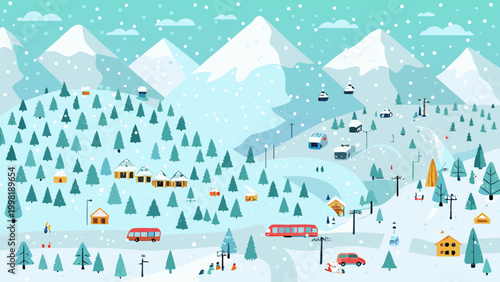 Winter ski resort illustration with mountains and pine trees