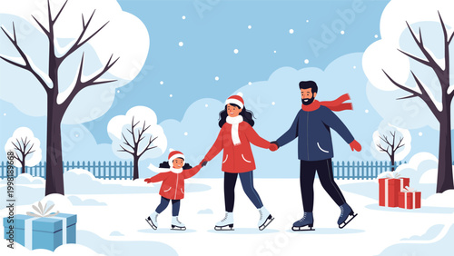 Happy family with a young daughter ice skating together in a beautiful snowy winter park with trees and gift boxes nearby.