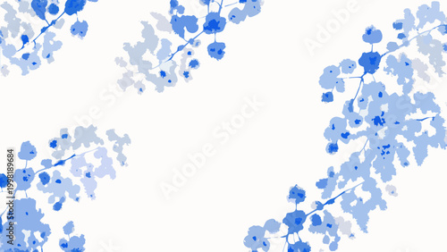 Blue and white floral pattern with blossoming branches on white background