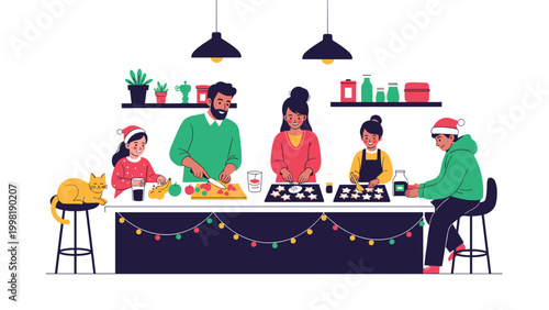 Large happy family including parents and three children prepare homemade cookies together in a kitchen during christmas holidays.