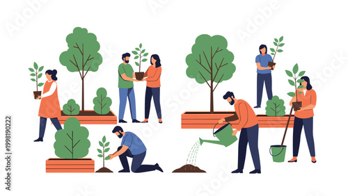 Group of diverse volunteers works together in a garden planting young trees and watering them to support environmental protection.