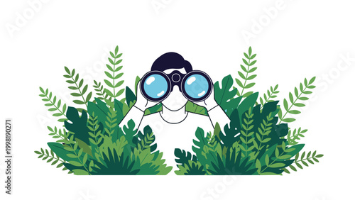 Person hides in thick green bushes and watches carefully through professional binoculars in a nature or observation concept.