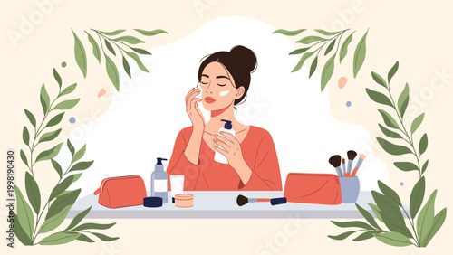 Young woman applies skincare products to her face in front of a mirror at her vanity desk surrounded by beauty products and plants.
