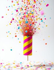 Brightly colored party popper explodes with a shower of confetti and streamers against a clean white backdrop, creating a dynamic scene of celebration and joy.