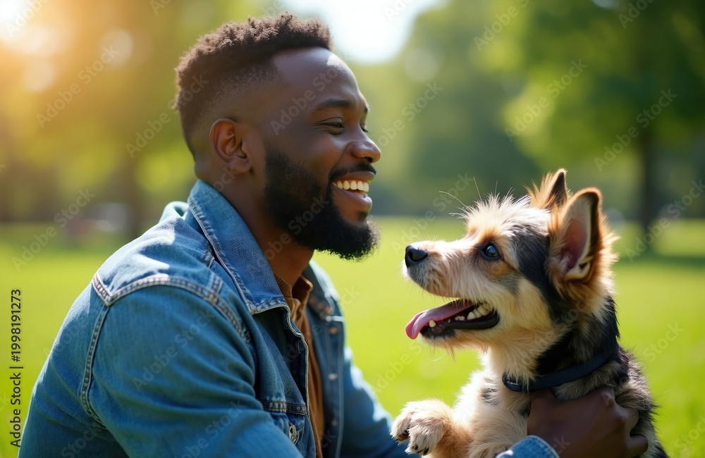Fototapeta premium Smiling man in denim jacket holds small dog in green park. Sunny day creates happy mood and shows friendship between owner and pet. They enjoy time outdoors together.