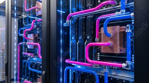 High-Density Server Rack with Liquid Cooling Pipes and Blue LED Lights
