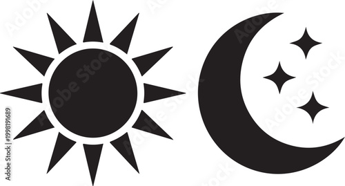 Separate solid black icons of a radiant sun and a crescent moon with three twinkling stars