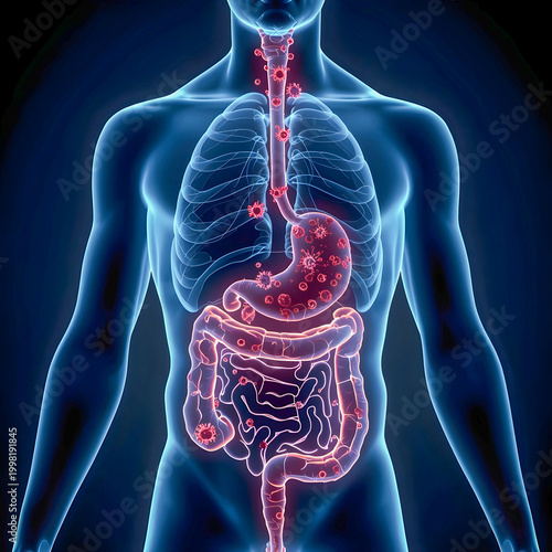 “Weak Immune Defense in Digestive System, Bacterial Spread and Reduced Immunity, 3D Medical Illustration”