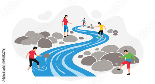 A lively illustration portrays five cartoon people playing in and around a winding blue river flanked by numerous gray boulders on a light gray background.