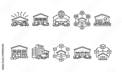 Collection of warehouse and logistics icons representing supply chain and delivery services