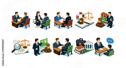 Legal consultation and justice icons representing law and legal services