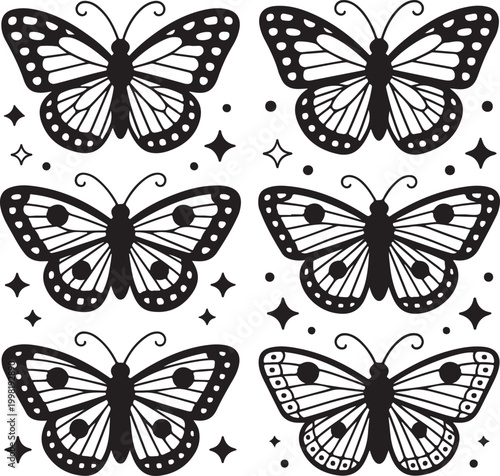 A patterned array of six butterflies in black and white with decorative stars and dots
