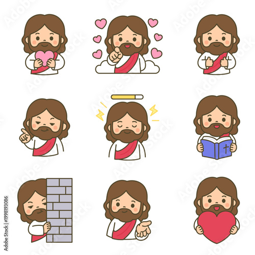 Cute kawaii Jesus Christ cartoon character sticker set with various expressions and poses