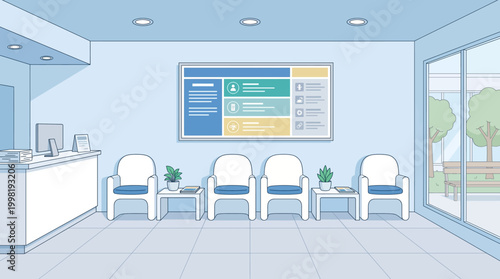 Patients wait in a hospital lobby with chairs and a reception desk.