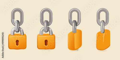 Four 3d rendered padlocks with shackle in different states