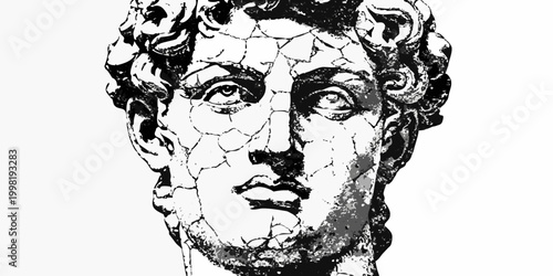 Ancient bust illustration cracked marble effect black and white stippling