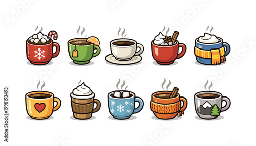 Collection of steaming hot beverages in decorative mugs for winter holidays