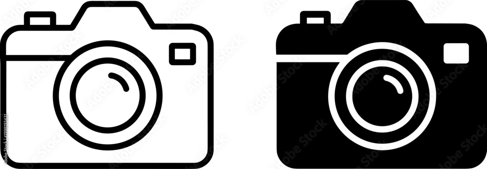 Fotografie camera icon set, photography device with lens and shutter, outline and solid pho