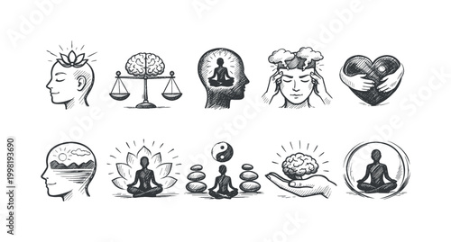 Collection of hand-drawn icons representing mental health, balance, and mindfulness concepts