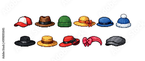 Collection of pixel art hats and headwear in various styles and colors