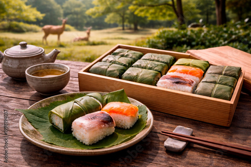 Traditional Nara Kakinoha-zushi (persimmon leaf sushi) featuring pressed sushi topped with salmon and mackerel, served with green tea in a scenic outdoor setting with deer in the background.