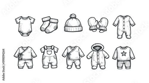 Collection of hand-drawn baby clothing items and accessories for newborns and infants