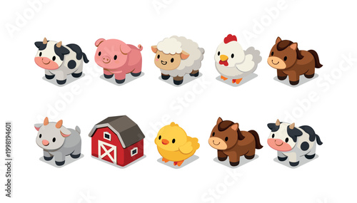 Collection of cute cartoon farm animals and barn in isometric view
