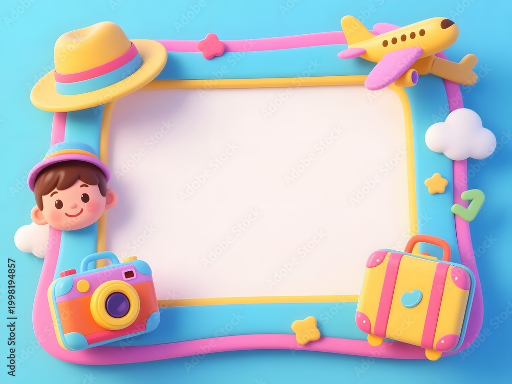 Fototapeta premium Kids Travel Cartoon Frame with Fun Vacation Items Border, 4K Background