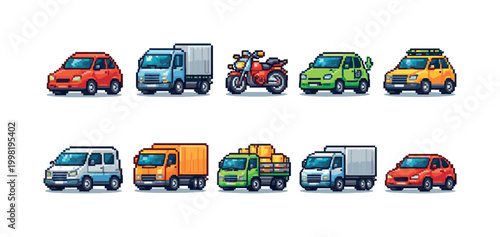 Collection of pixel art vehicles including cars, trucks, and a motorcycle