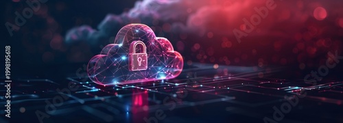 Cloud Security: An illuminated cloud with a lock symbol represents data security and privacy in a digital world. A visual metaphor for protection and safety.