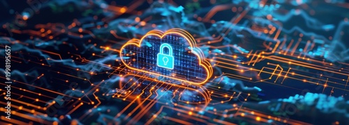 Cloud Security: A glowing digital cloud, adorned with a secure padlock, symbolizing the protection of vital data and information in the digital age.