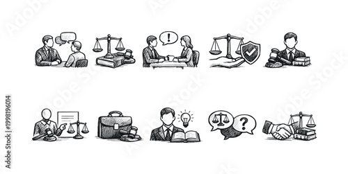 Collection of hand-drawn legal icons representing justice, consultation, and law practice