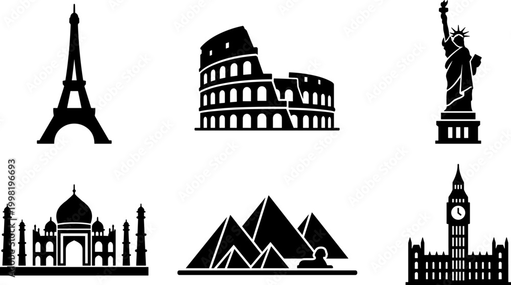 Αυτοκόλλητο world landmarks icons set, famous monuments and travel architecture symbols, eif