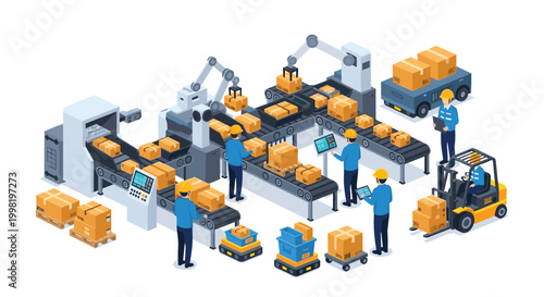 Busy factory floor with interconnected conveyor lines, workers, robotic arms, forklifts, and AGVs, illustrating a complex and efficient manufacturing and logistics operation.