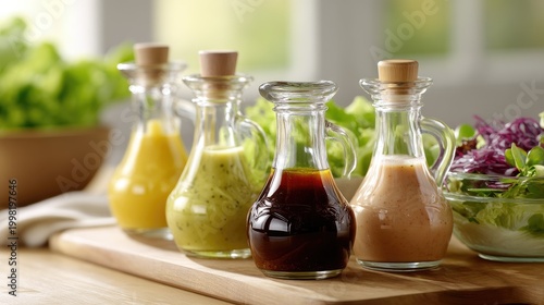 Assortment of Colorful Dressings in Glass Jars on Wooden Surface with Fresh Salads in Bright Kitchen Setting