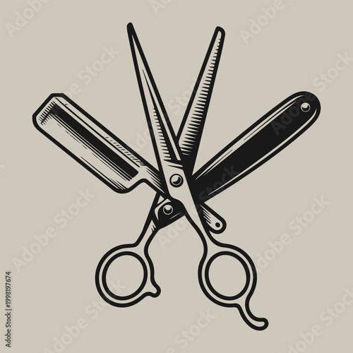Babershop razor and scissor vintage drawing