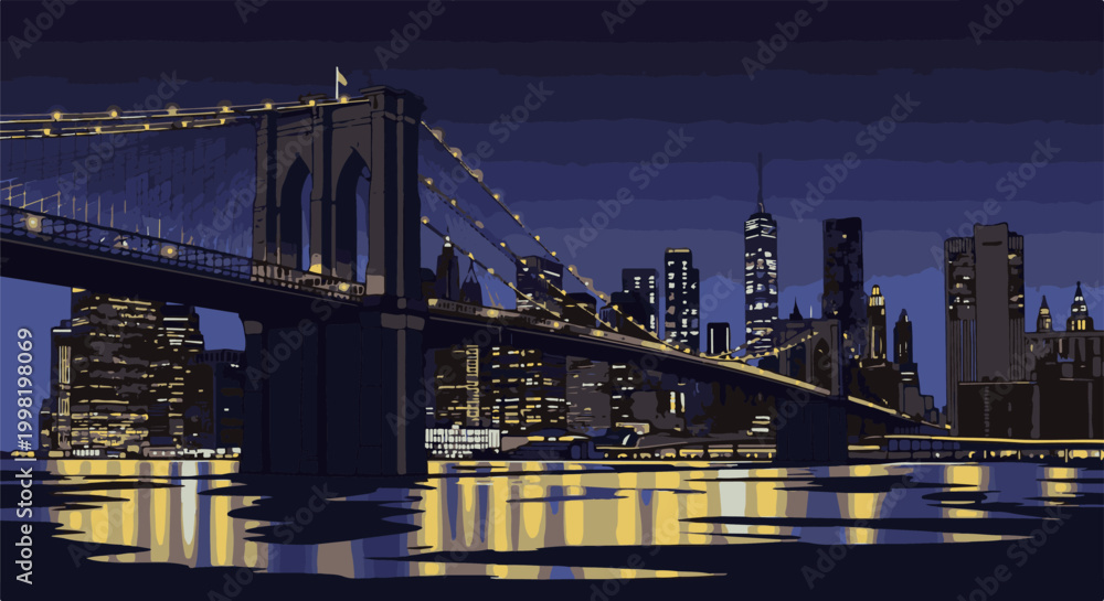 Obraz premium Pixelated nighttime cityscape with iconic bridge and glowing city lights